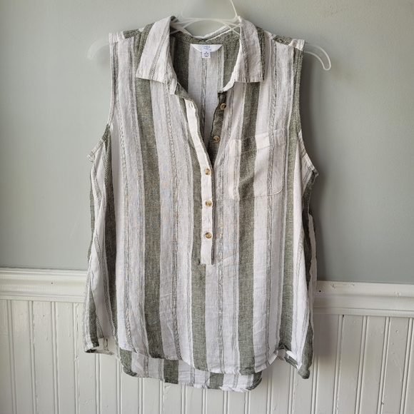 Linen/Lyocell Blend Sleeveless Striped Button Front Collar Henley Top Sz Small - Picture 2 of 10